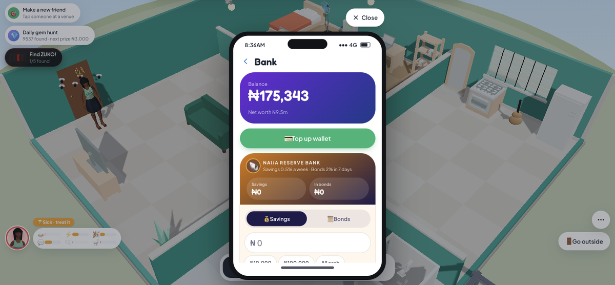 The Bank app in Lagos Life: a ₦175,343 balance, ₦9.5m net worth, and the Naija Reserve Bank panel listing savings at 0.5% a week and bonds at 2% in 7 days