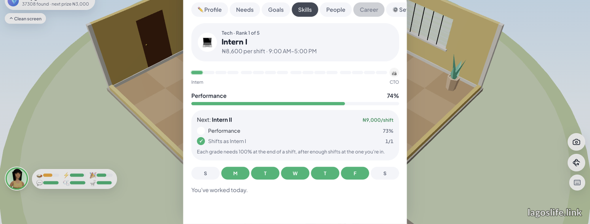 The Career tab in the Sim panel: Tech Rank 1 of 5, Intern I at ₦8,600 per shift, an Intern-to-CTO progress bar and 74% performance