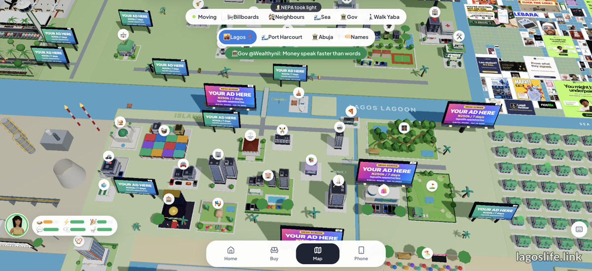 The Lagos Life city map: the Lagos lagoon, venue markers, billboard layer and the live governor ticker