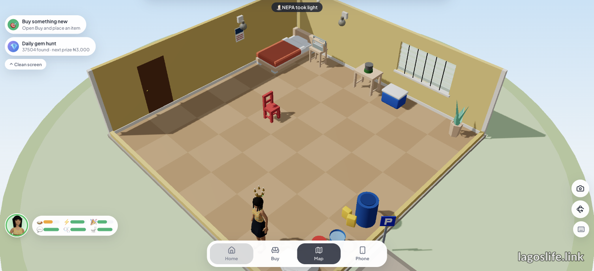 A Lagos Life home interior: the Sim standing in a starter room with a bed, desk and mismatched furniture under warm light