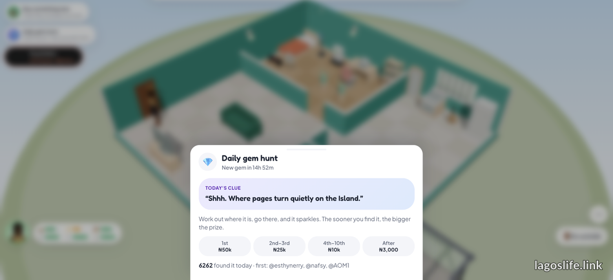 The in-game Daily Gem Hunt panel: today's clue, the ₦50k/₦25k/₦10k/₦3k prize ladder and 6,262 finders