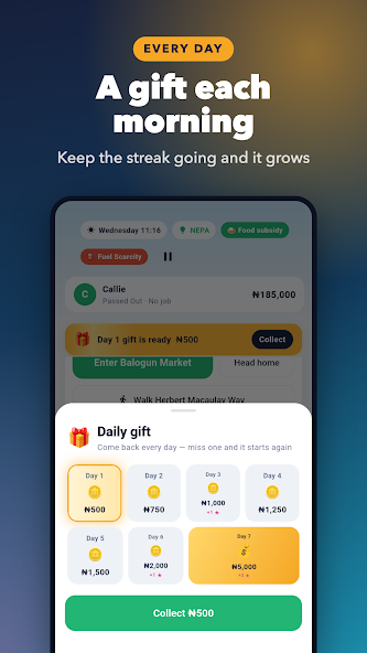 The daily gift streak screen — collectible Naira rewards for logging in each day