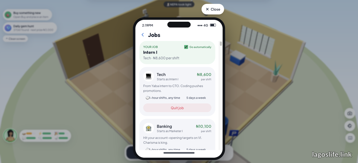 The Your job card in the Jobs app: Intern I, Tech, ₦8,600 per shift, with the Go automatically checkbox ticked