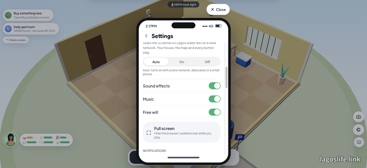 The Lagos Life Settings app with the Free will toggle switched on, between Music and Full screen