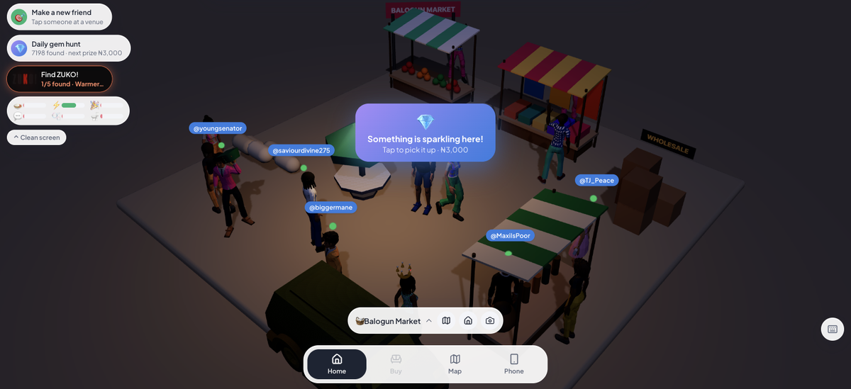 The gem pickup panel floating over Balogun Market's wholesale stalls at night: 'Something is sparkling here! Tap to pick it up' — ₦3,000