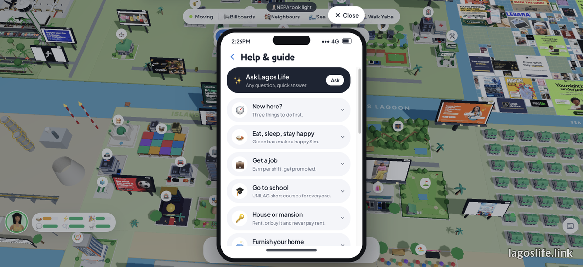 The in-game Help and guide app: Ask Lagos Life, New here?, Eat sleep stay happy, Get a job, Go to school, House or mansion