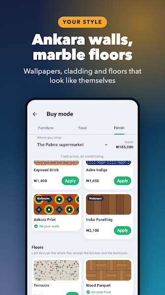 The decor shop — walls, floors and furniture are bought and placed in buy mode