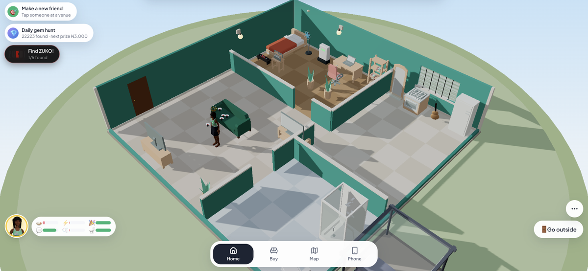 A furnished Lagos Life mini-flat — living room sofa and TV, bedroom and kitchen in view, captured in-game