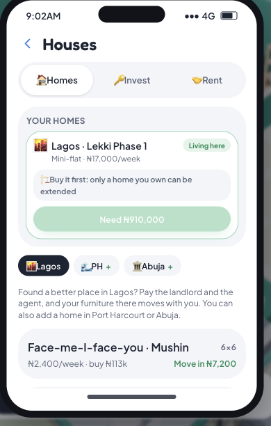 The Houses app in-game: our Mini-flat at ₦17,000/week, and the Mushin row showing its ₦7,200 move-in fee