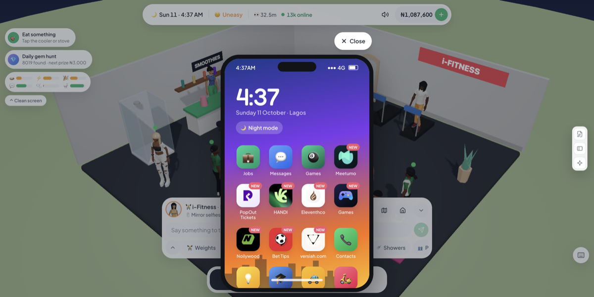 The in-game phone home screen — Jobs is the first app, alongside messages, games and the newer city apps
