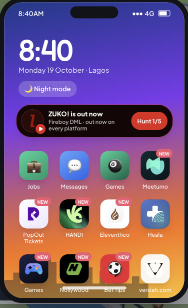 The Lagos Life phone home screen — every app on one grid, and none of them redeems a code