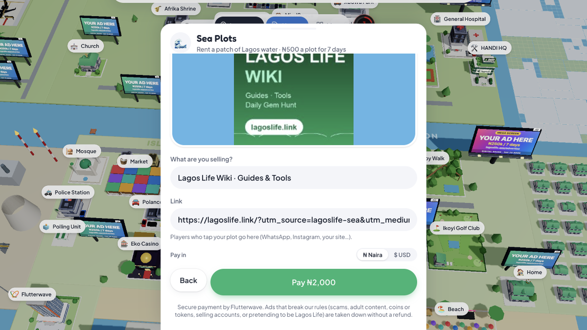 The Lagos Life Sea Plots booking form with a wiki banner ad filled in, priced at ₦2,000 for a 2x2 patch