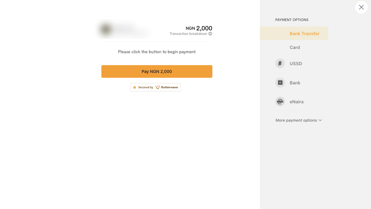 Flutterwave checkout for a Lagos Life sea plot ad showing NGN 2,000 with bank transfer, card, USSD and eNaira options
