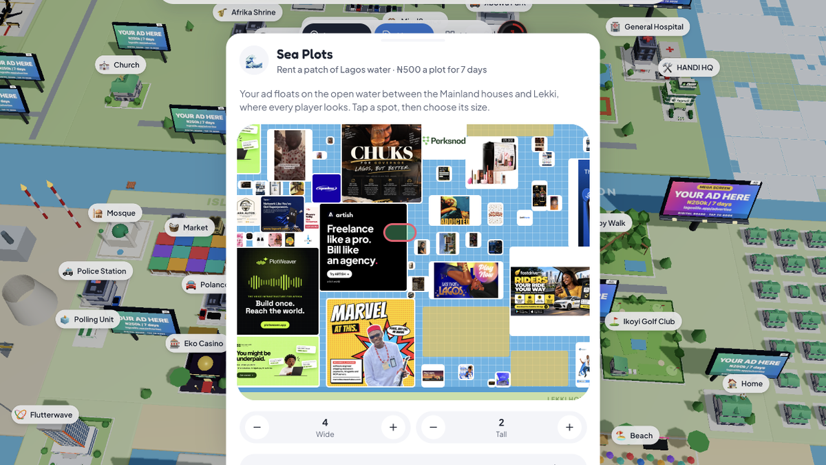 The Sea Plots grid in Lagos Life with live ads from Flutterwave, Marvel and small WhatsApp businesses on the water